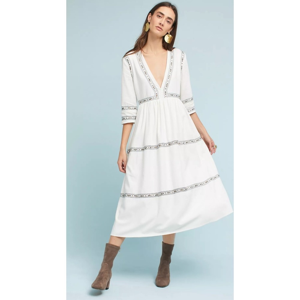 Flannel‎ x Anthro Dress White Medium 2 Black Embroidered Tiered Midi Boho Cotton